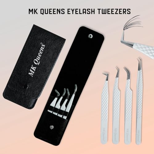 Lash Tweezers - Stainless Steel Fiber Tip Eyelash Tweezers (Set of 4) - Diamond Grip Professional Lash Tweezers for Eyelash Extensions (White)