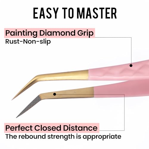 Fiber Tip Lash Tweezers For Eyelash Extension 4 Pcs Tweezers Professional Artist Tech Work Kit Tools,Best Volume Eyelash Lashes Extensions Precision Supplies Volume Boot 90 45 Degree(Pink)