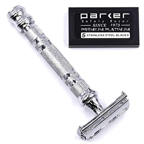 Parker 66R Long Handle Butterfly Safety Razor ? Twist-to-Open Brass Frame with Textured Chrome Finish for Close, Comfortable Shaves - 5 Blades Included