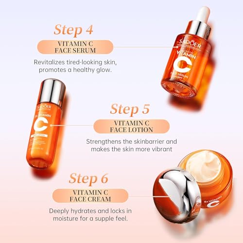 Vitamin C Skincare Set With Cleanser, Toner, Face Serum, Face Cream, Eye Cream And Face Lotion, Facial Skin Care Set For Teenage Girls Travel Size - Vegan, Gluten Free, & Cruelty Free