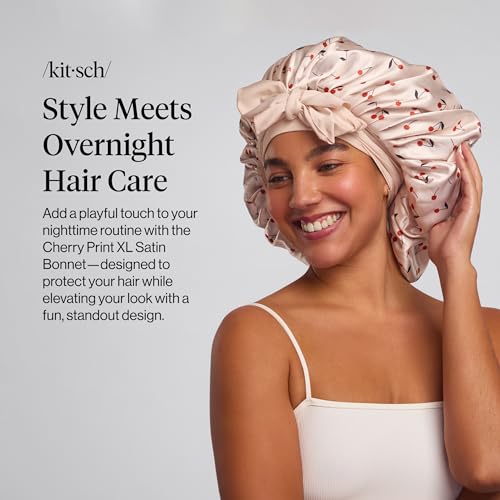 Kitsch XL Satin Hair Bonnet for Sleeping - Adjustable Cherry Print