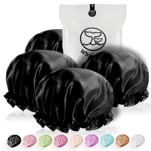 WhaleLife Shower Cap 4-Pack - Double-Layer Waterproof Satin-Lined