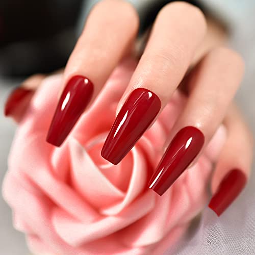 Elevenail Glossy Red Press on Nails Long Coffin False Nails Faux Ongles Reusable Solid Color Nail Art Tips Salon DIY Manicure Acrylic Fake Nails Gifts for Women Girls