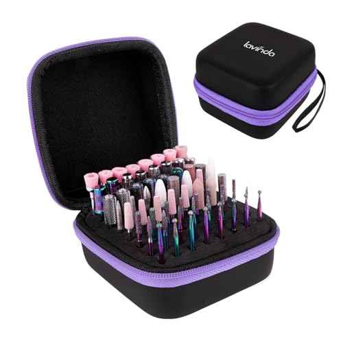 Lavinda Nail Drill Bits Holder, Dustproof Displayer Organizer Container, 64 Holes Nail Bits Container Box Case with High Density Foam to Avoid Slipping & Scratches,Purple (Drill Bits Not Included)