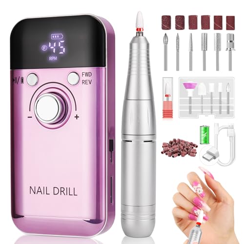 Vrenmol Electric Nail Drill Professional 45000RPM: Rechargeable Nail Drill Kit Portable Electric Nail File with Complete Bits for Acrylic Nails Gel Polishing Removing 2000mAh Nail Drill Machine Salons