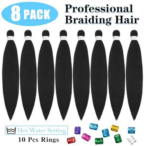 Braiding Hair Pre Stretched 22 Inch 8 Pack Long Professional Pre Stretched Hair For Braiding Soft Yaki Texture Hot Water Setting Synthetic Crochet Braids For Women Girls(22Inch,1B)