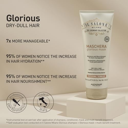 Il Salone Milano Professional Glorious Mask - Hydrating Hair Mask for Dry Hair - Increases Nourishment and Combability with Chestnut Extract & Rice Extract - Salon-Quality Hair Care (8.55 oz / 250 ml)