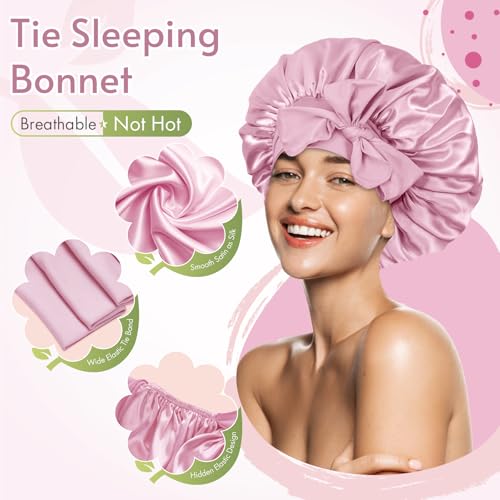 BONNET QUEEN Silk Bonnet for Sleeping Women Satin Bonnet Hair Bonnet Night Sleep Cap Scarf Wrap for Curly Hair with Tie Band Light Rose Gold