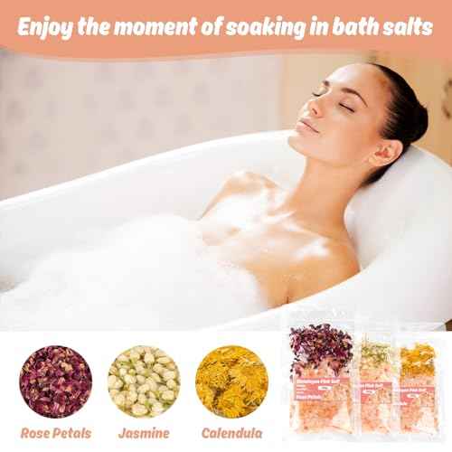 3 Pack Pink Bath Salts - Foot Soaking Salts Himalayan Pink Salt with Rose Petals Marigold and Jasmine Buds Himalayan Salt for Men and Women Nourishing Soothing and Relaxing Skin 140g(Pack of 1)