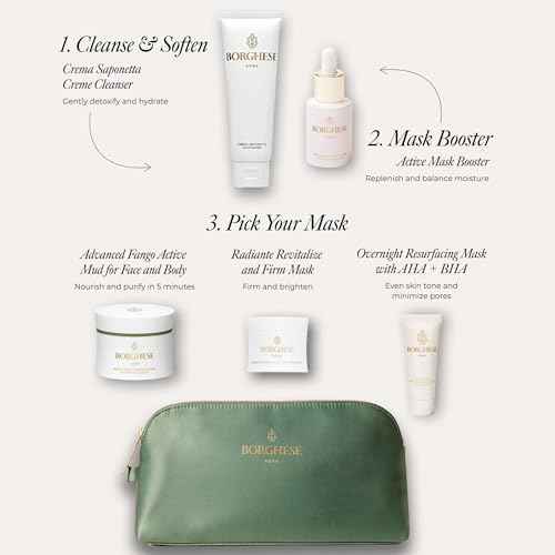 Borghese Skin Renewal Discovery Set - Includes Cream Cleanser, Pre-Mask Booster Serum, Mud Mask for Face & Body, Firming Mask & AHA BHA Overnight Mask