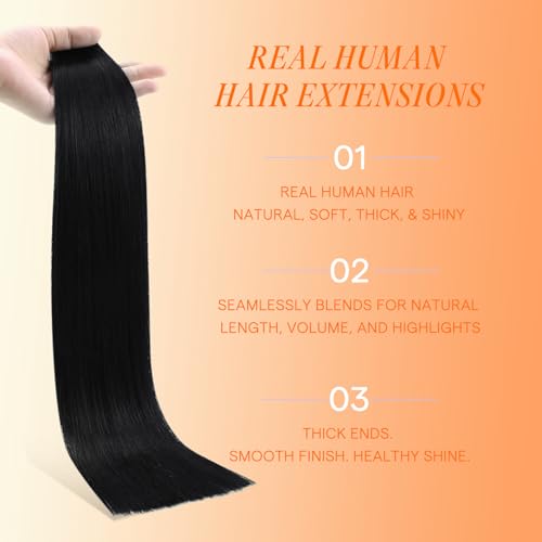 Full Shine 14-Inch Tape-In Hair Extensions - Black Remy Hair, 20 Pcs