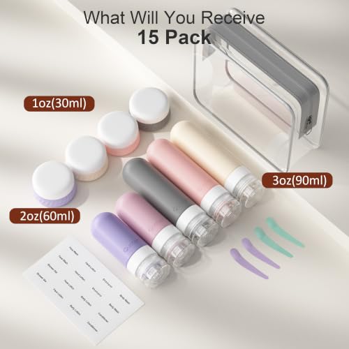 Quatish 15-Pack Travel Bottle Set, TSA Approved Leak-Proof Toiletries