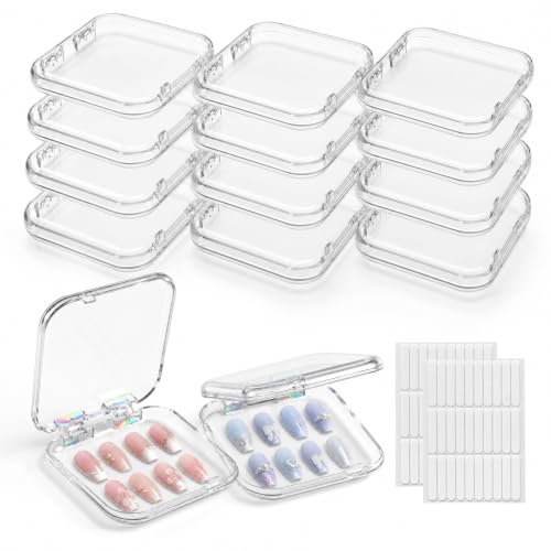 12 Clear Acrylic Press On Nail Storage Boxes with Adhesive Tapes