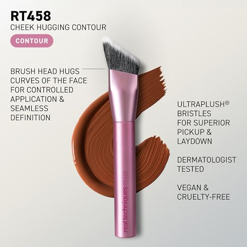 Real Techniques Cheek Hugging Contour Brush, Angled Makeup Brush for Cream Contour Liquid Bronzer & Sculpting, Precision Face Shaping, UltraPlush Bristles, Cruelty-Free, 1 Count