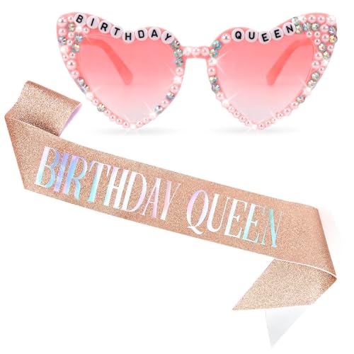 Birthday Queen Sash and Glasses Set for Women - Rose Gold
