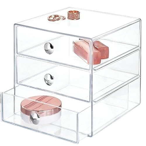 Makeup Drawer Organizer Box with 3 Drawers, Acrylic Cosmetic Display Case Vanity Organizer Jewelry Storage Box Stackable Storage for Cosmetics, Skin Care, Bathroom, Countertop, Silver Handle