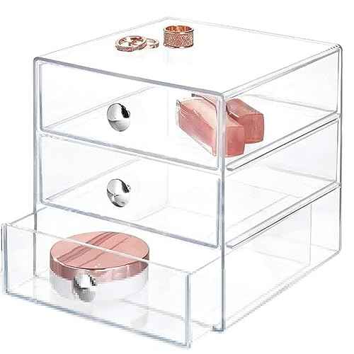 Makeup Drawer Organizer Box with 3 Drawers, Acrylic Cosmetic Display Case Vanity Organizer Jewelry Storage Box Stackable Storage for Cosmetics, Skin Care, Bathroom, Countertop, Silver Handle