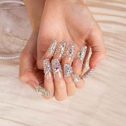 LOVFUL Press on Nails Angel's Tear Rhinestone | Handmade with Full Covered Crystals | Reusable Full Cover Nails | Coffin Classic Regular 1.3 in | H48-M