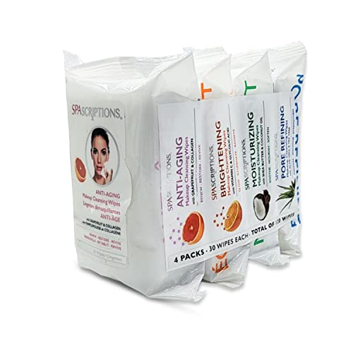 Spascriptions¢â Anti-Aging, Brightening, Moisturizing & Pore Refining Towelettes Removes Waterproof Makeup, Revives with Collagen, Vitamin C, Coconut Oil, and Aloe Hypoallergenic, 120 Ct. 4 Pack