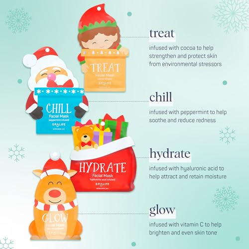 SpaLife Beauty Santa¡¯s Squad 2025 Christmas Face Mask Bundle | Korean Facial Masks | Hydrating, Soothing, Complexion Enhancing and Firming Sheet Mask Set | Christmas Gifts for Women | 12 Pack
