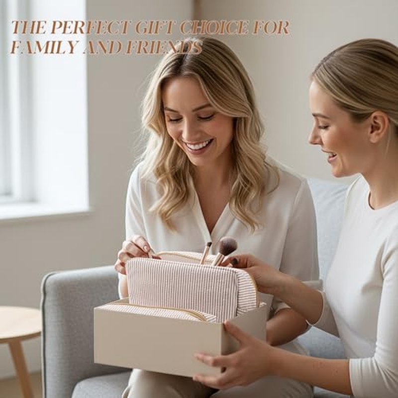 Sanwuta 2-Piece Seersucker Makeup Bag Set - Travel Toiletry Pouches
