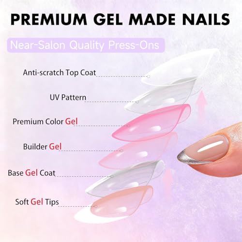 SXVME Almond Sliver Chrome French Tip Press On Nails with Glue Kit, 24 Nails in 12 Sizes