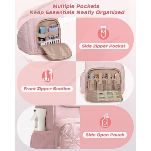Insulated Hairstylist Travel Bag Backpack with Detachable Dividers and Multiple Pockets, Quilted Hair Tool Travel Bag with Multiple Pockets for Hairstylist and Barber, Pink