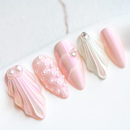 Sun&Beam Nails Handmade Press On Nail Medium Long Almond Oval Pink White Pearl Shell Fake Tip 3D Design Art Charms Cute with Storage Box 10 Pcs (PinkS)