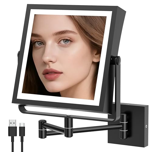 Wall Mounted Lighted Makeup Mirror, Rechargeable Double-Sided 1X/10X Magnifying Mirror with Light, Touch Dimmable 3 Color Lights, 360¡Æ Rotation Extendable Arm (Matte Black)
