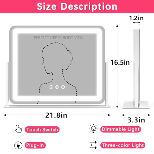 ROLOVE White 22x17 Inch Lighted Vanity Mirror with Dimmable LED & 360° Rotation