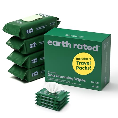 Earth Rated Hypoallergenic Dog Grooming Wipes for at Home & On-The-Go, for Paws, Body & Butt, Includes 4 Travel Packs & 4 Full Sized Packs, 440 Count