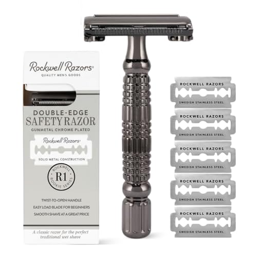 Rockwell Razors R1 Double Edge Safety Razor in Gunmetal Chrome. Beginner-Friendly for a Smooth, Comfortable Shave. Twist-To-Open handle for Easy Blade Loading Includes 5 Recyclable Safety Razor Blades