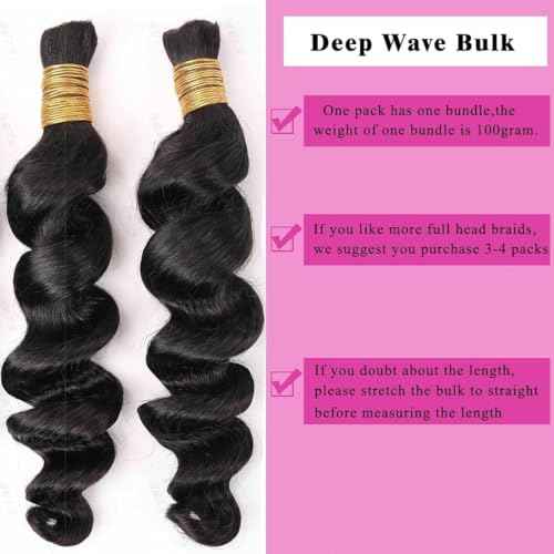 Human Braiding Hair for Boho Braids Loose Deep Wave Bulk Human Hair Knotless 100% Unprocessed Brazilian Virgin Hair Extensions for Braiding Curly Water Wave 1 Bundle No Weft 100g 24inch Natural Black