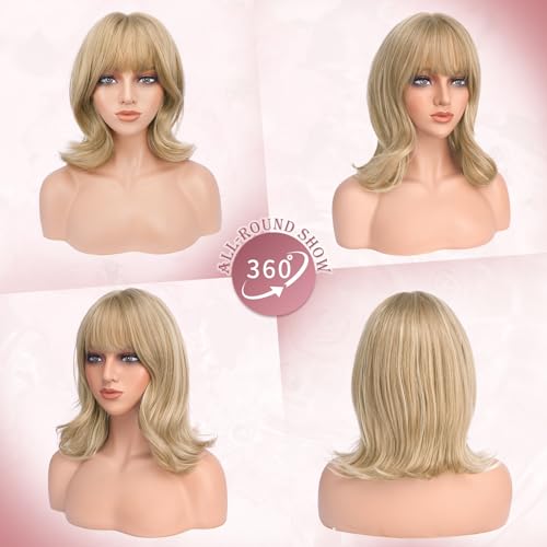 Haloo 14-Inch Blonde Bob Wig with Bangs - Wavy Layered Synthetic Hair