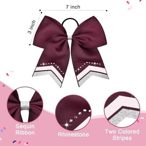 8PCS Glitter Cheer Bow Large Maroon Cheer Bows Rhinestones Hair Bows Girls 8"Cheerleading Bows Bulk Elastic Band Ponytail Holder for Teen Girls College Sports Competition