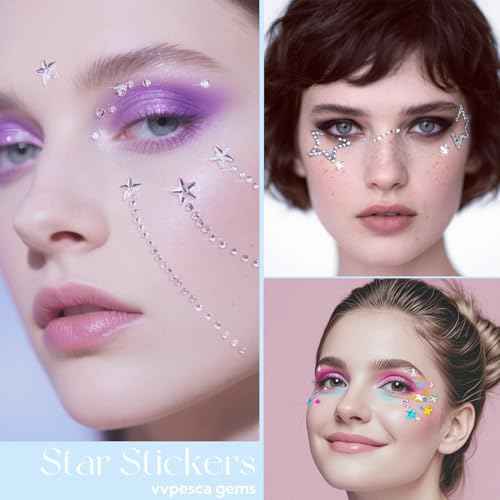 Star & Pearl Face Eye Gems, Self-Adhesive Hair Jewels, Sparkly Face Jewels for Makeup, Stick on Gems Pearl Rhinestones Stickers, Rave Accessories for Hair, Eye, Kids, Women