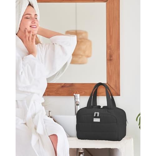 TOPDesign Travel Toiletry Bag for Women, Puffer Large Toiletry Bag, Lightweight Cosmetic Makeup Organizer with Handle for Traveling, Accessories, Essentials, Toiletries (Black)