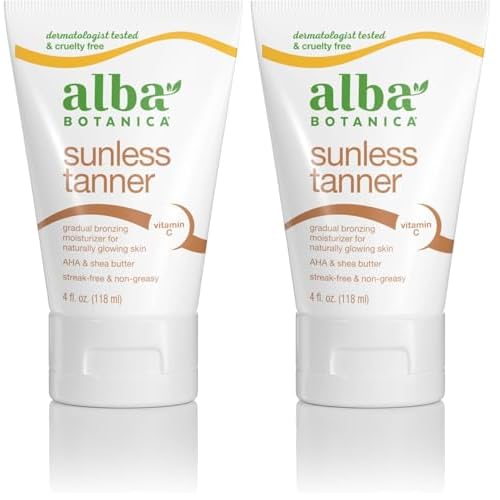 Alba Botanica Sunless Tanner, Self-Tanning Lotion for Face and Body, Golden Tanning without the Sun, Non-Streaking and Natural Looking Self-Tanner, 4 oz. Tube (Pack of 2)