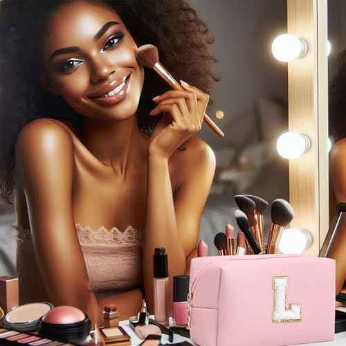 Birthday Gifts for Women Her,Travel Cute Makeup Bag,Large Capacity Cosmetic Bags for Women Makeup Pouch PU Leather Waterproof Cosmetic Bag (L, Pink)