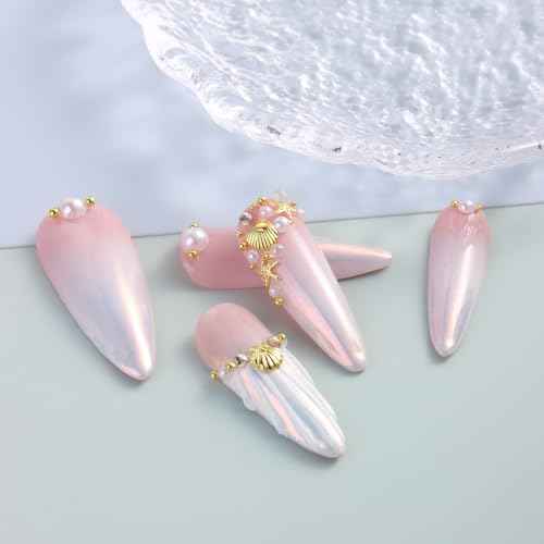 Summer Nail Charms, 3D Beach Nail Charms Metal Starfish Seashell Tropical Ocean Nail Art Decorations, Gold Beads and Pearls Rhinestones with Tweezers for Manicure, concha nacar para u?as