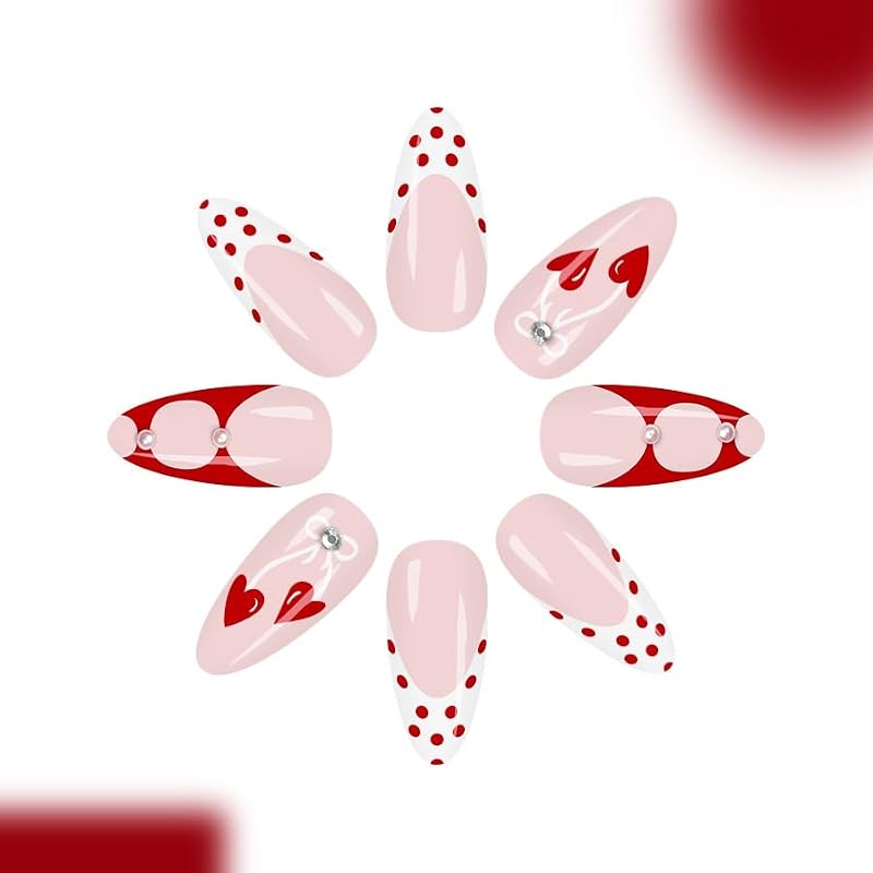 Polka Dot Almond Press-On Nails with Cherry Bow Design - 24 Pcs