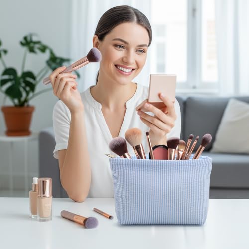 Blue 8-Piece Seersucker Makeup Bag Set for Women - Organizer Pouches