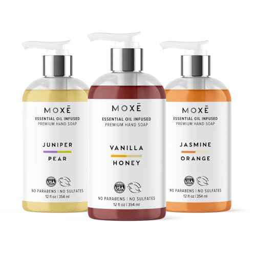 MOX? Natural Hand Wash Aromatic Scented 3-Pack ? Jasmine Orange, Vanilla Honey & Juniper Pear ? Plant-Based, Organic Oils, Essential Oils ? Gentle, Biodegradable, Vegan, Sulfate-Free, 3 x 12 oz