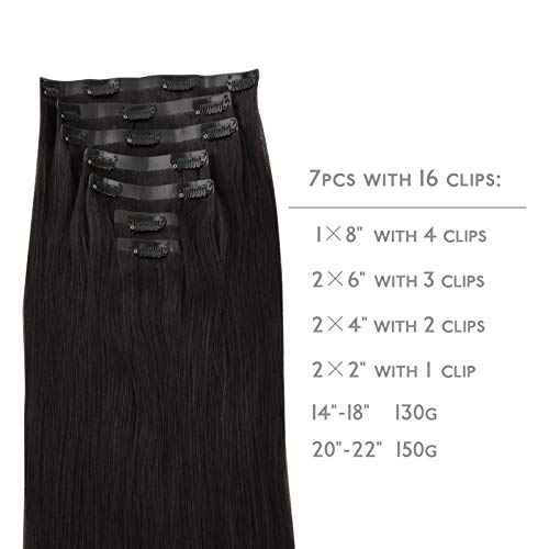 WENNALIFE Seamless Clip In Hair Extensions, 18 Inch 130g 7pcs Natural Black Hair Extensions Clip in Human Hair Invisible PU Skin Weft Natural Remy Human Hair Extensions