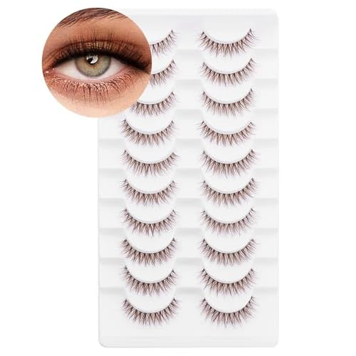 outopen 10 Pairs Brown Lashes Natural Look Cat Eye Brown Eyelashes Wispy Clear Band Eye Lash Short Fake Eyelash