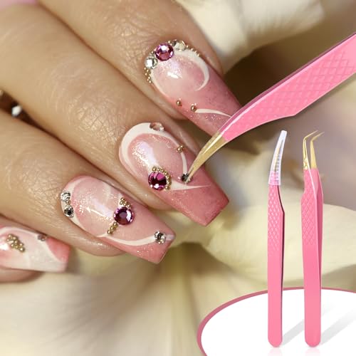 2Pcs Lash Tweezers for Eyelash Extensions 90 Degree Eyelash Extension Tweezers Fiber Tip Lash Tweezers False Eyelash Tweezers Lash Cluster Tweezers for Volume Lashes, Pink