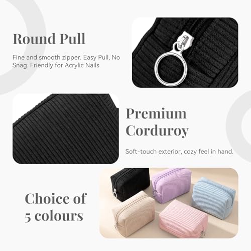 MAGEFY Corduroy Small Travel Makeup Bag - Black Portable Cosmetic Pouch