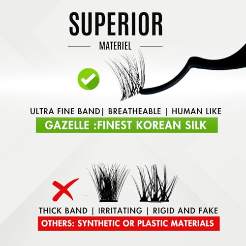 GAZELLE Luxury Natural Lash Clusters, Soft Korean Silk PBT Fibers, DIY Cluster Eyelash Extensions, Comfortable Wear, Lasts 10 Days ? Feather ? 10mm