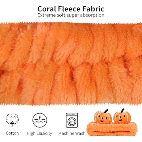 Spa Headband for Washing Face, 2 Pack Cute Halloween Hair Band for Shower Yoga Beauty, Fluffy Makeup Headband, Kawaii Facial Headbands for Woman Girls, Orange+Black Pumpkin