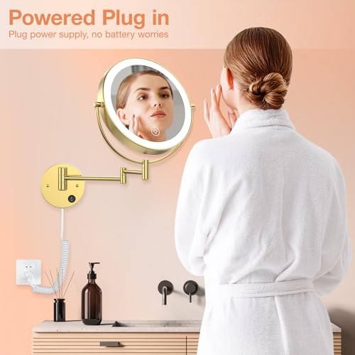 Benbilry 9" Large Wall Mounted Lighted Makeup Mirror, 1X/10X Magnifying 2-Sided AC Plug-in Powered Bathroom Mirror with 3 Color Lights, Touch Dimmable, Extended Arm 360¡Æ Rotation, ¡¼Gold¡½